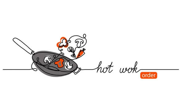 Hot wok minimalistische vector web banner, achtergrond, poster. Een ononderbroken lijntekening met tekst Hot wok — Stockvector