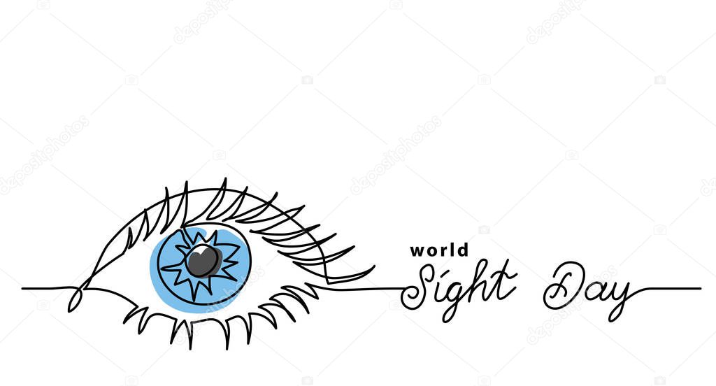 Worlad sight day minimalist web banner, background, poster. One continuous line drawing of eye with text Sight Day