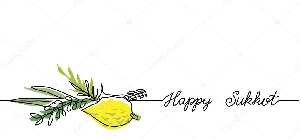 Happy Sukkot simple web banner, background.One continuous line drawing of lemon and green brunches with text Happy Sukkot
