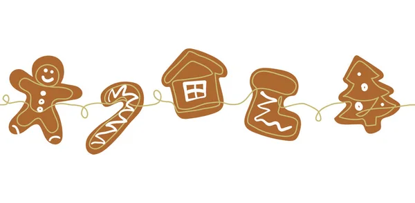 Biscoitos de gengibre fronteira de Natal. Um desenho de linha contínuo de homem de pão de gengibre cozido no forno, árvore, casa, meia. Linha arte fundo, fronteira —  Vetores de Stock