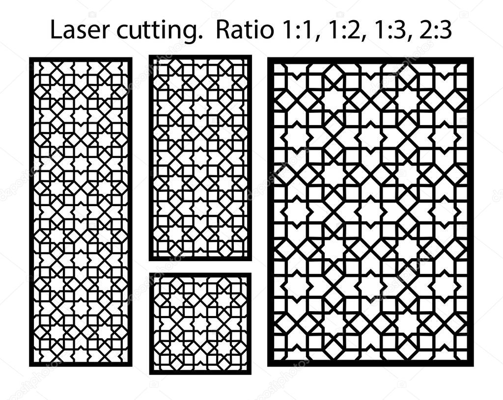Cnc template set. Laser pattern. Set of geometric decorative vector panels, screens, dividers for laser cutting.