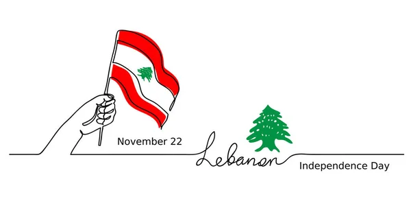 Lebanon, Lebanese Independence Day vector background. One line drawing concept with hand, flag, cedar tree — Stock Vector