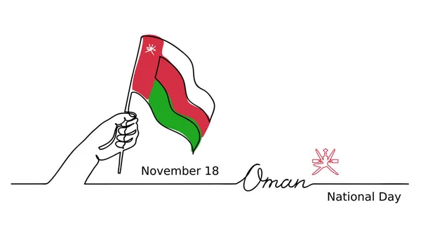 Oman National Day illustration with hand, flag, lettering. Un concepto de dibujo de línea continua — Vector de stock
