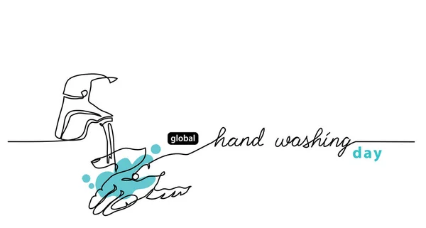 Global Handwashing Day minimalist line art border, web banner, simple vector background with hands and water that flows from the tap. Hand washing lettering — Stock Vector