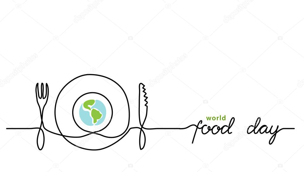 World food day holiday concept with earth or globe and plate, knife and fork. Single line art with text Food Day