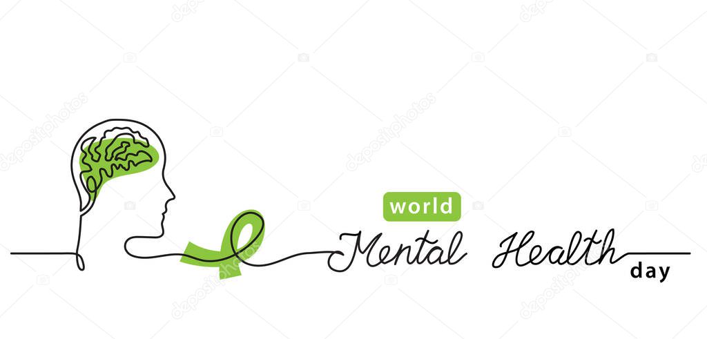 World Mental Health Day minimalist line art border, web banner, simple vector background with brains and green ribbon. One continuous line drawing with lettering Mental Health.