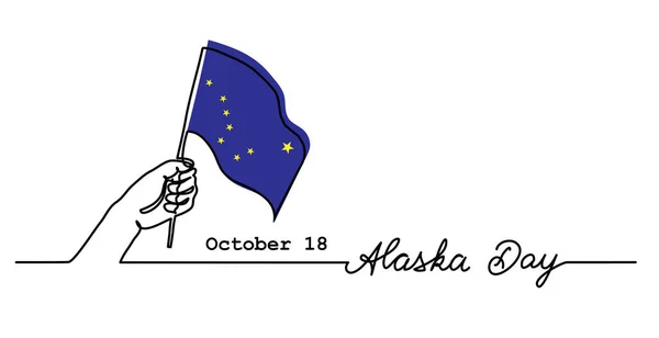 Jednoduchý webový prapor na Aljašce s vlajkou a rukou. Minimalistická hranice vektoru, pozadí. Jedna souvislá čára s nápisem Aljaška Day — Stockový vektor