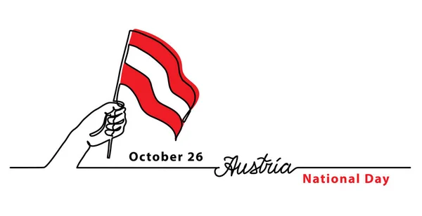 Nationalfeiertag Österreich einfaches Webbanner mit Fahne und Hand. Minimalistische Vektorgrenze, Hintergrund. Eine durchgehende Linienzeichnung mit Schriftzug Österreich — Stockvektor
