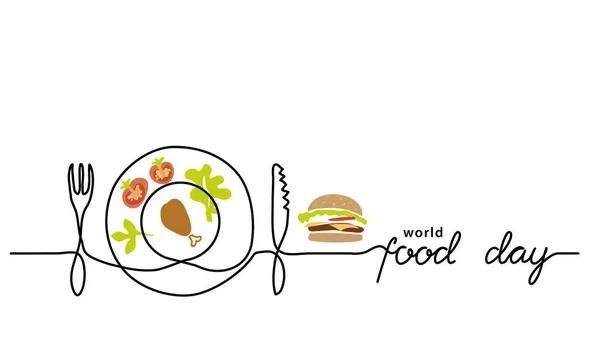 世界粮食日单行边界,网页横幅,单行向量背景.一张印有"食物日"字样的连续线条图 — 图库矢量图片