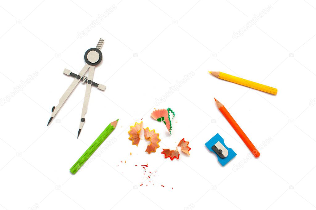 Paper art pencils, sharpener and compass. 