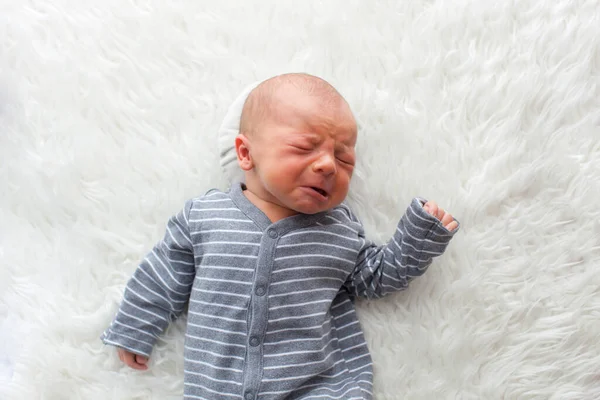 Newborn baby boy. Portrait of a little boy on white fur. — Stock Photo, Image