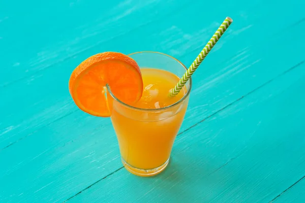 Orange Juice Ice Straw Glass Turquoise Blue Wooden Table Top — Stock Photo, Image