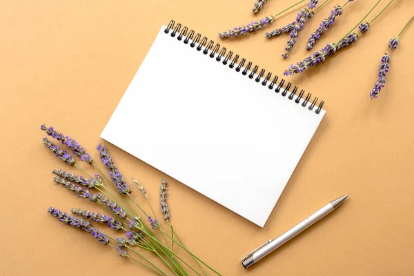 Lavanta çiçekleri ve kalemle zencefil arkaplan üzerine boş not defteri. Üst manzara, düz uzanma