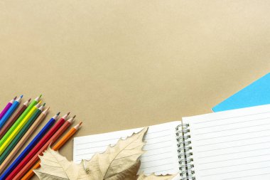 Okul malzemeleri bej arka plan ve sonbahar yaprağı, düz alan, kopyalama alanı