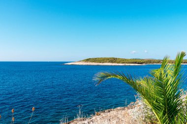 Yeşil adası olan güzel bir deniz manzarası. Yaz tatili kavramı