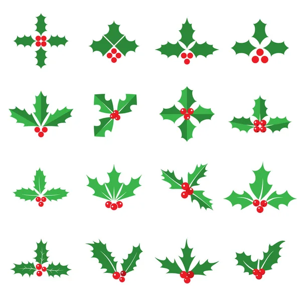 Holly Berries Leaves Icons Collection Christmas Symbols Isolated White Background — Stock Vector