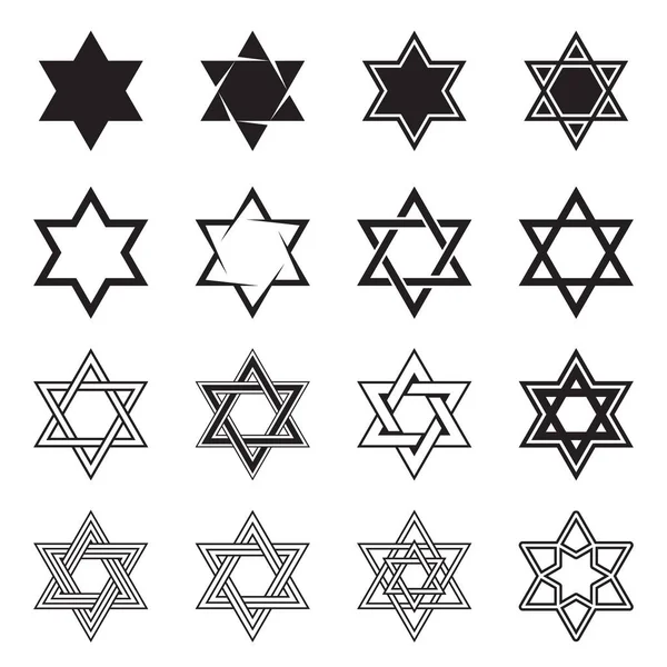 Zespuntige Ster Iconen Verzameling Van Hexagram Symbolen Geïsoleerd Een Witte — Stockvector