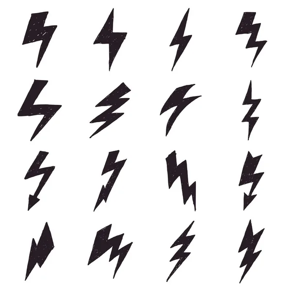 Raccolta Simboli Del Fulmine Disegnati Mano Isolati Uno Sfondo Bianco — Vettoriale Stock
