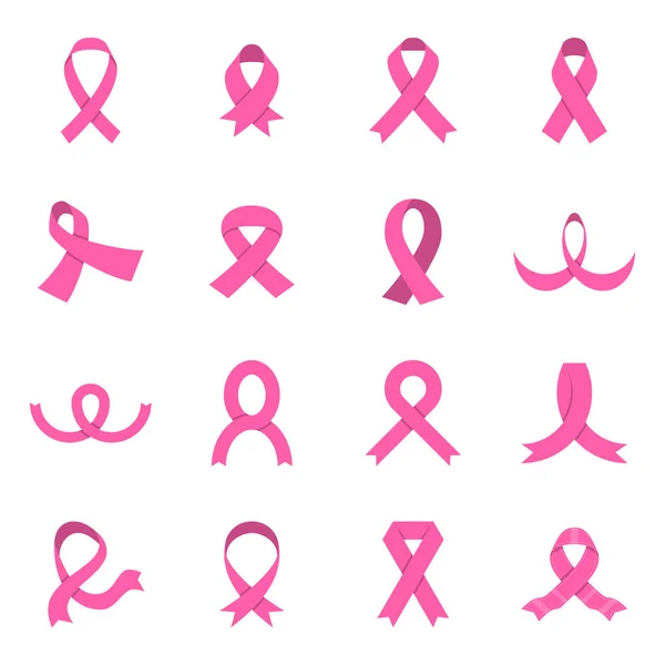 ピンクのリボンアイコン 乳がんの認知リボン 白い背景に16個のピンクのフラットアイコンのコレクション ベクトル図 ロイヤリティフリーストックベクター