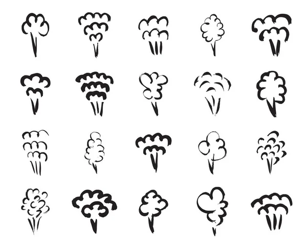 蒸汽机 收集了20幅白色背景下的黑色手绘蒸汽符号 矢量说明 — 图库矢量图片