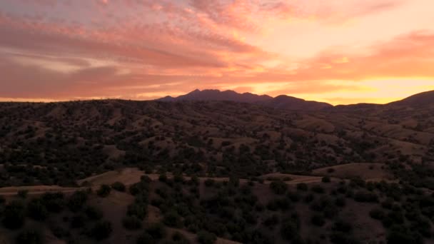 ピンクゴージャスな夕日の間にアリゾナ州の丘を飛ぶドローン — ストック動画