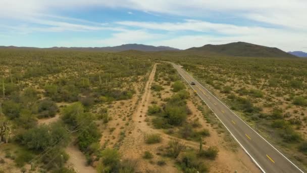 Lone car drives on Highway in Arizona through Sonoran Desert — Stock Video