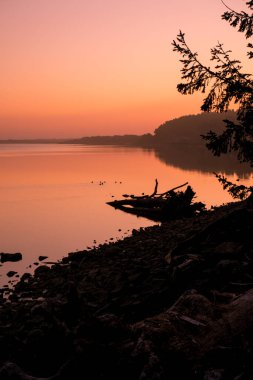 Bandon Oregon 'daki Coquille Nehri' nin üzerinde yakıcı bir günbatımı. Dikey resim