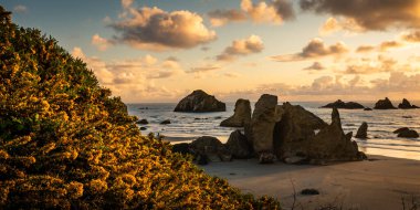 Oregon 'daki Bandon Sahili' nde Şato Kaya Düzeni üzerinde güzel bir gün batımı.. 