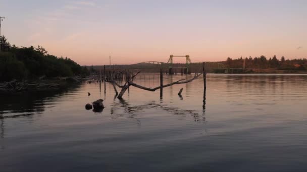 Scène de rivière paisible dans l'Oregon avec des voitures voyageant à travers le pont en arrière-plan. — Video