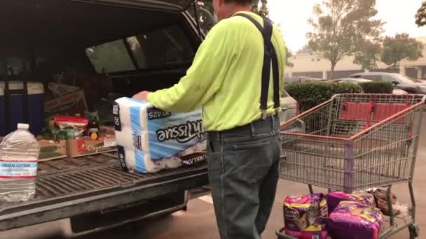 Carrinho cheio de produtos Costco. Homem carregando caminhão. — Vídeo de Stock