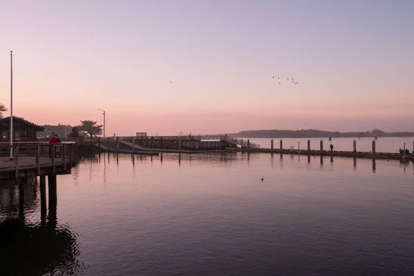 Industrial fishing dock in Bandon, Oregon with lots of seagulls flying around. — Stock Photo, Image