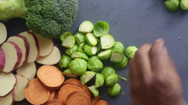 Top View Chef Chopping Organic Vegetables Kitchen — Stock Video