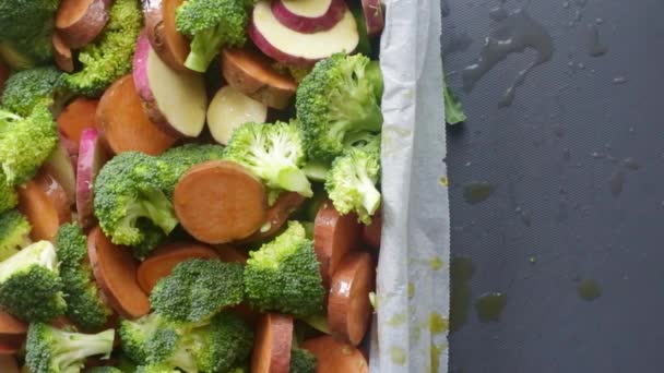 Top View Hands Preparing Oven Tray Chopped Vegetables — Stock Video