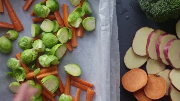 Mani Vista Dall Alto Preparare Vassoio Del Forno Con Verdure — Video Stock