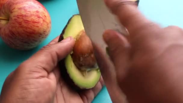Person Hands Chopping Fruits Chopping Board Healthy Salad — Stock Video