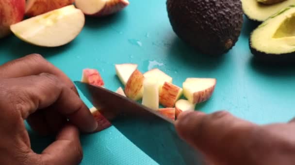 Person Hands Preparing Fruits Chopping Board Vegan Healthy Salad — Stock Video