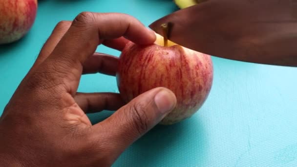 건강에 샐러드를 만들기 위에서 과일을 준비하는 사람들 — 비디오