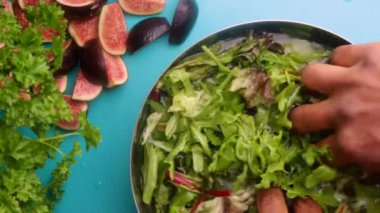 hands of male chef preparing healthy green salad with figs in kitchen, washing leafy greens