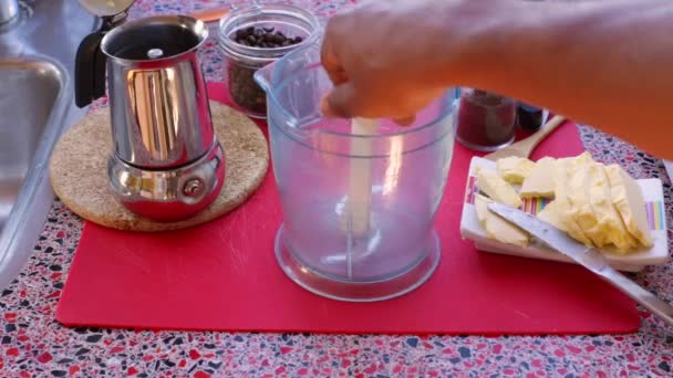 Person Making Coffee Biological Butter Mct Oil — Stock Video