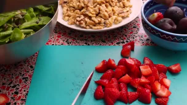 Chef Preparing Delicious Strawberries Healthy Salad Kitchen — Stock Video