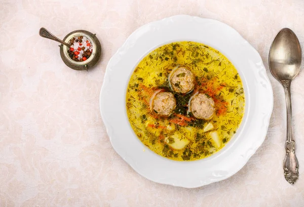 Delicious soup with chicken or Turkey meatballs with vegetables — Stock Image Delicious soup with chicken or Turkey meatballs with vegetables Stock Picture
