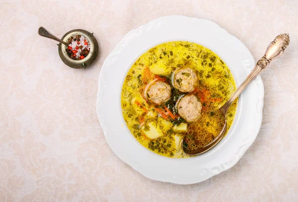 Delicious soup with chicken or Turkey meatballs with vegetables — Stock Image Delicious soup with chicken or Turkey meatballs with vegetables Royalty Free Stock Images