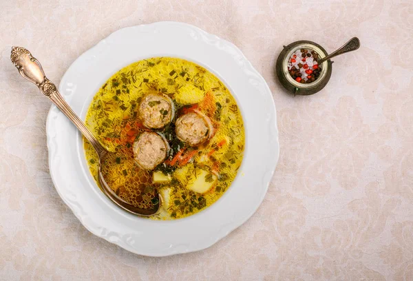 Delicious soup with chicken or Turkey meatballs with vegetables — Stock Image Delicious soup with chicken or Turkey meatballs with vegetables Stock Image