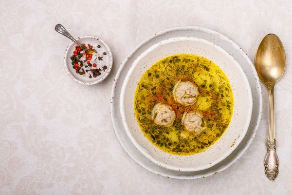 Delicious soup with chicken or Turkey meatballs with vegetables — Stock Image Delicious soup with chicken or Turkey meatballs with vegetables Royalty Free Stock Photos