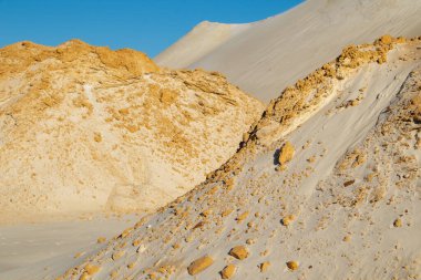 Çölde kum dalgaları. Kumda çalı çırpı. Taşlaşmış kum.