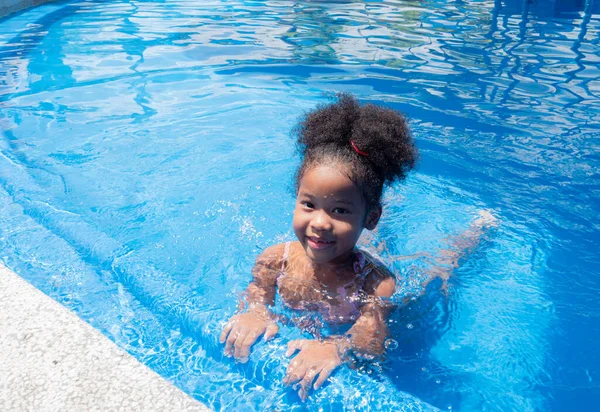 Portrait Cute Little Girl African American Swimming Suit Sitting Water — Stock Photo, Image