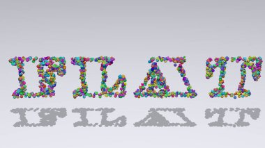 Gölgeli beyaz bir arkaplan üzerinde küçük nesnelerden yapılmış metnin üç boyutlu çizimi