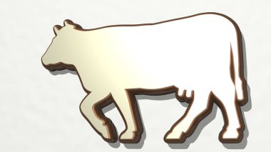 Işık arkaplanı olan bir duvarda parlayan metalik bir heykelin 3 boyutlu resimleriyle sağılan süt sağma ineği