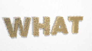 Duvardaki soru işaretleriyle yazılan kelime. Metalik heykelin beyaz arkaplan üzerine yumuşak desenli 3B çizimi