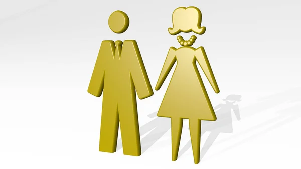 MAN AND WOMAN IN STYLE made by 3D illustration of a shiny metallic sculpture on a wall with light background